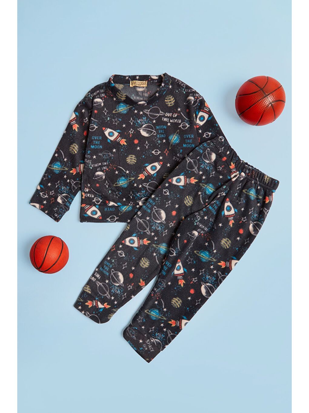 Antrasit Ev Desenli Polar Unisex Çocuk Pijama Takımı-2