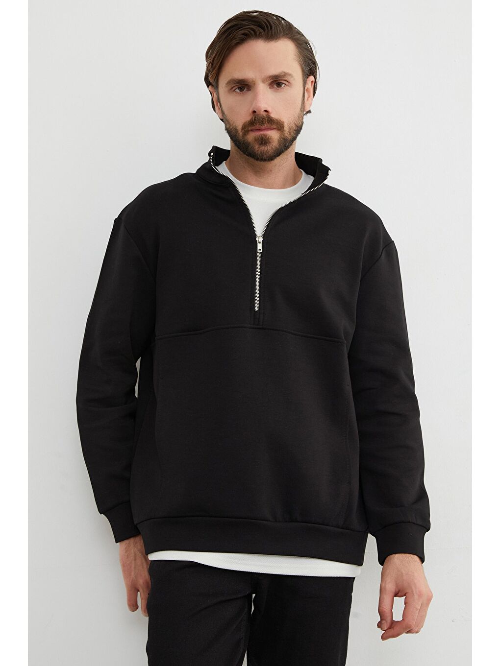 Siyah Yarım Fermuarlı Dik Yaka Sweatshirt-2