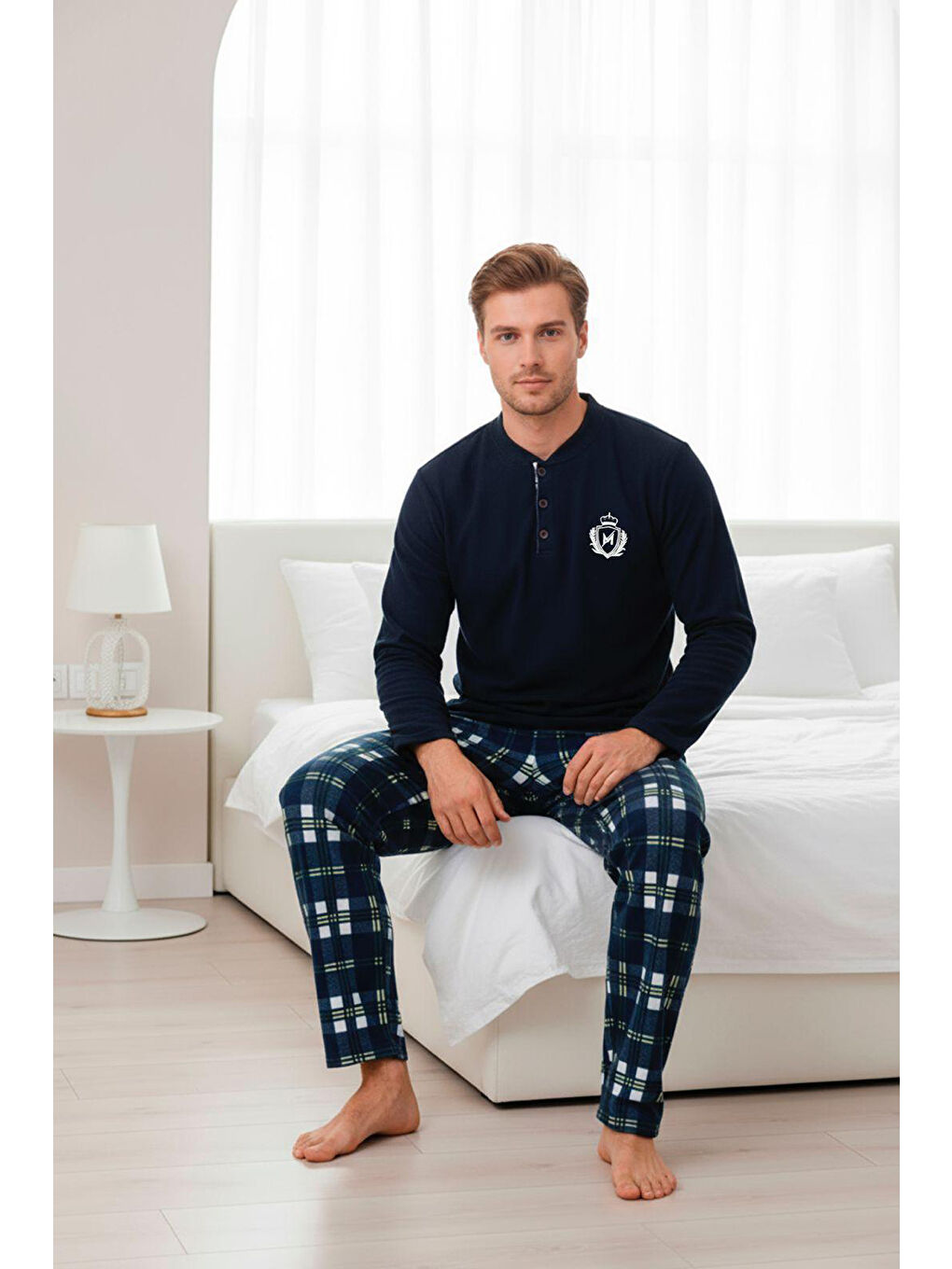 Lacivert Ekose Desenli Cepli Erkek Polar Pijama Takımı 660-1