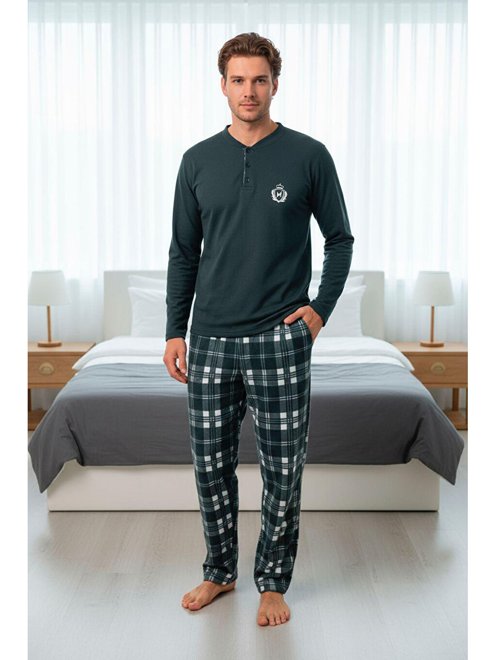 Yeşil Ekose Desenli Cepli Erkek Polar Pijama Takımı 660