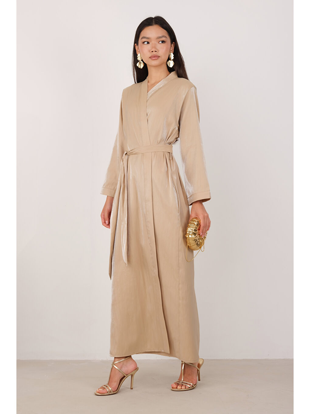 Sedefli Abaya Koyu Bej