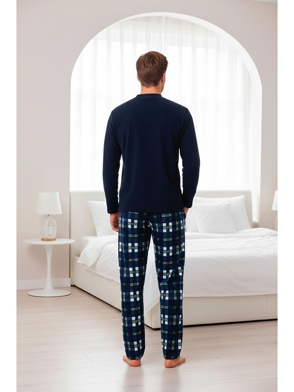 Lacivert Ekose Desenli Cepli Erkek Polar Pijama Takımı 660-2