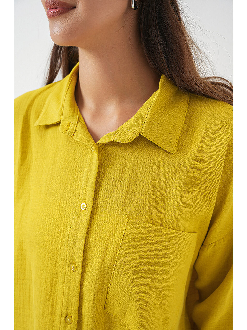 Sarı Kadın Tek Cepli Oversize Müslin Gömlek 20353 - Hardal-4