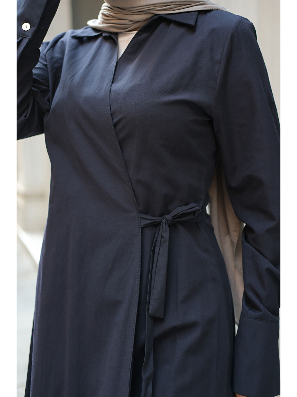 Kadın Poplin Yan Bağlamalı Elbise Koyu Lacivert-3