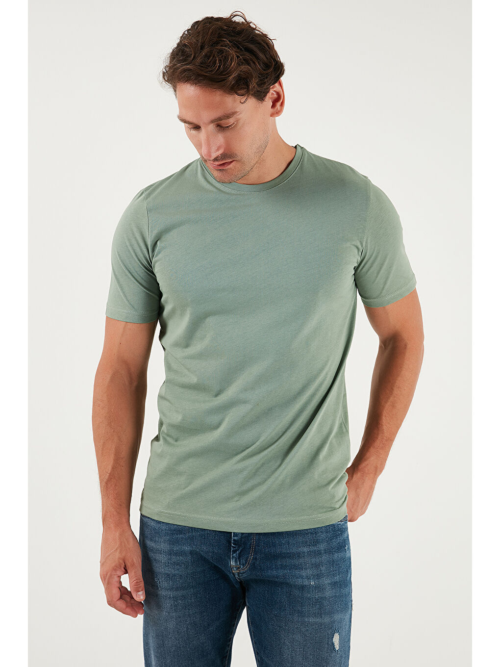 Yeşil Pamuklu Regular Fit Bisiklet Yaka %100 Pamuk Tişört 59020204-2