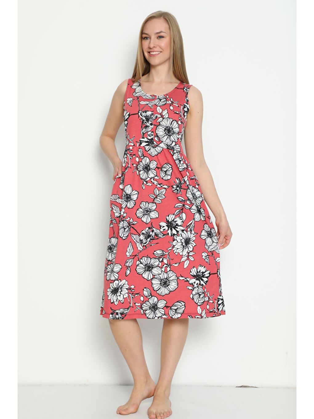 Pembe Desenli Cepli Kısa Kollu Düğmeli Penye Modal Elbise-1