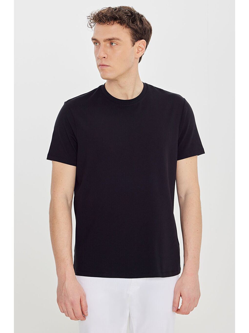 Erkek Siyah Pamuklu Standart Fit Bisiklet Yaka Basic Tişört-2