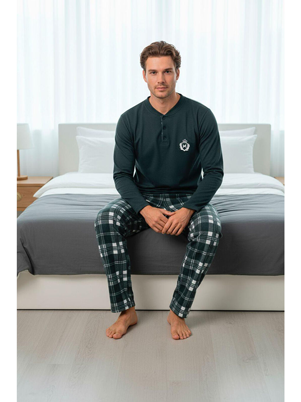 Yeşil Ekose Desenli Cepli Erkek Polar Pijama Takımı 660-1