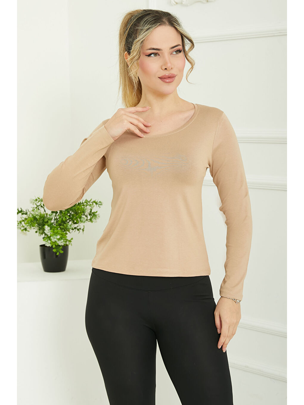 Kare Yaka Viskon Badi Bej - 26824-3