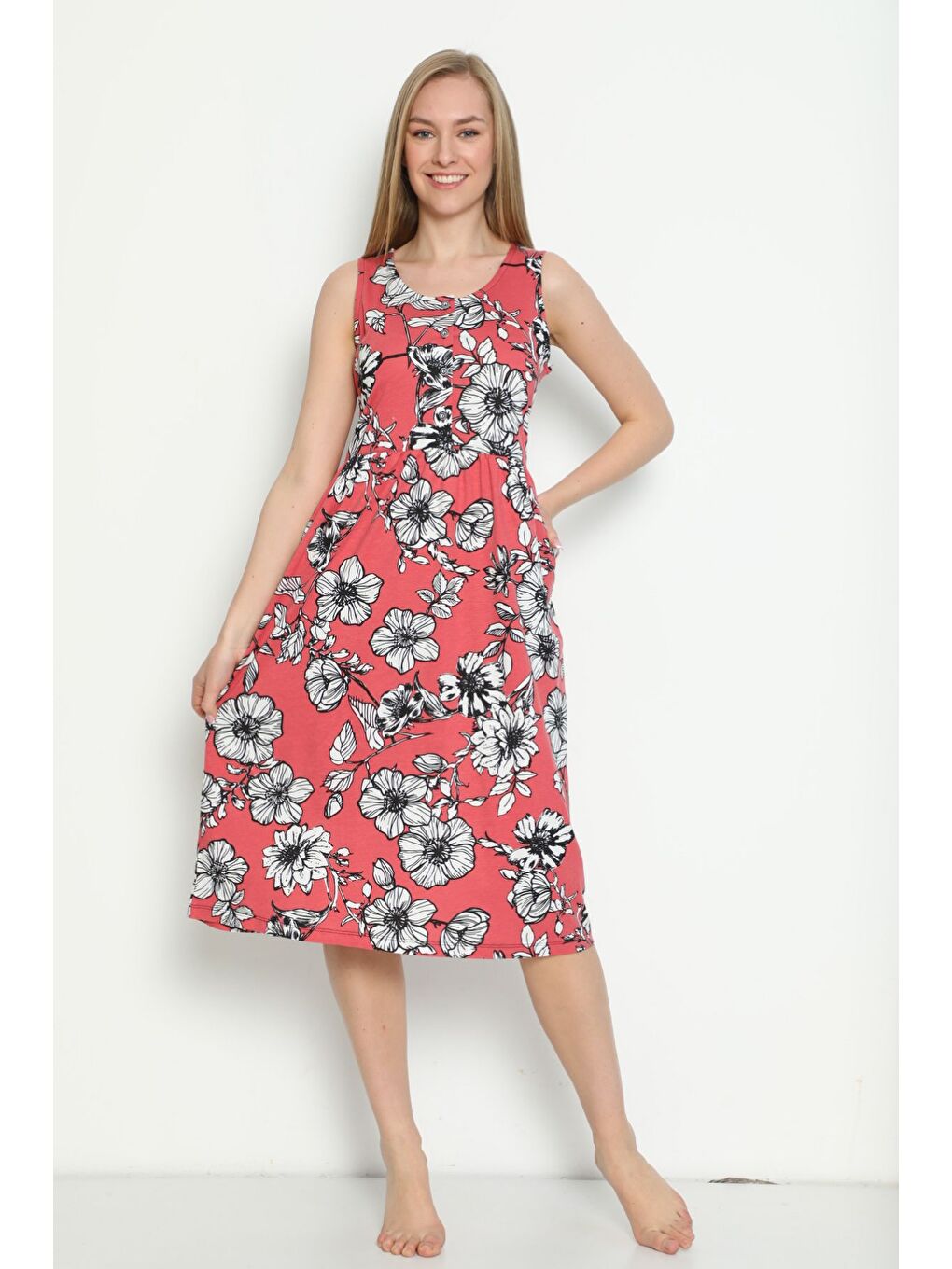 Pembe Desenli Cepli Kısa Kollu Düğmeli Penye Modal Elbise-3