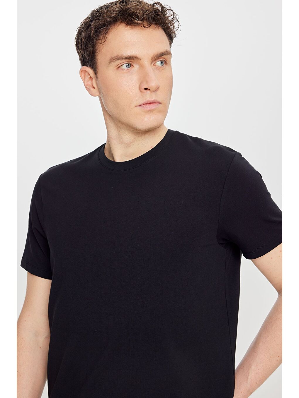 Erkek Siyah Pamuklu Standart Fit Bisiklet Yaka Basic Tişört-3