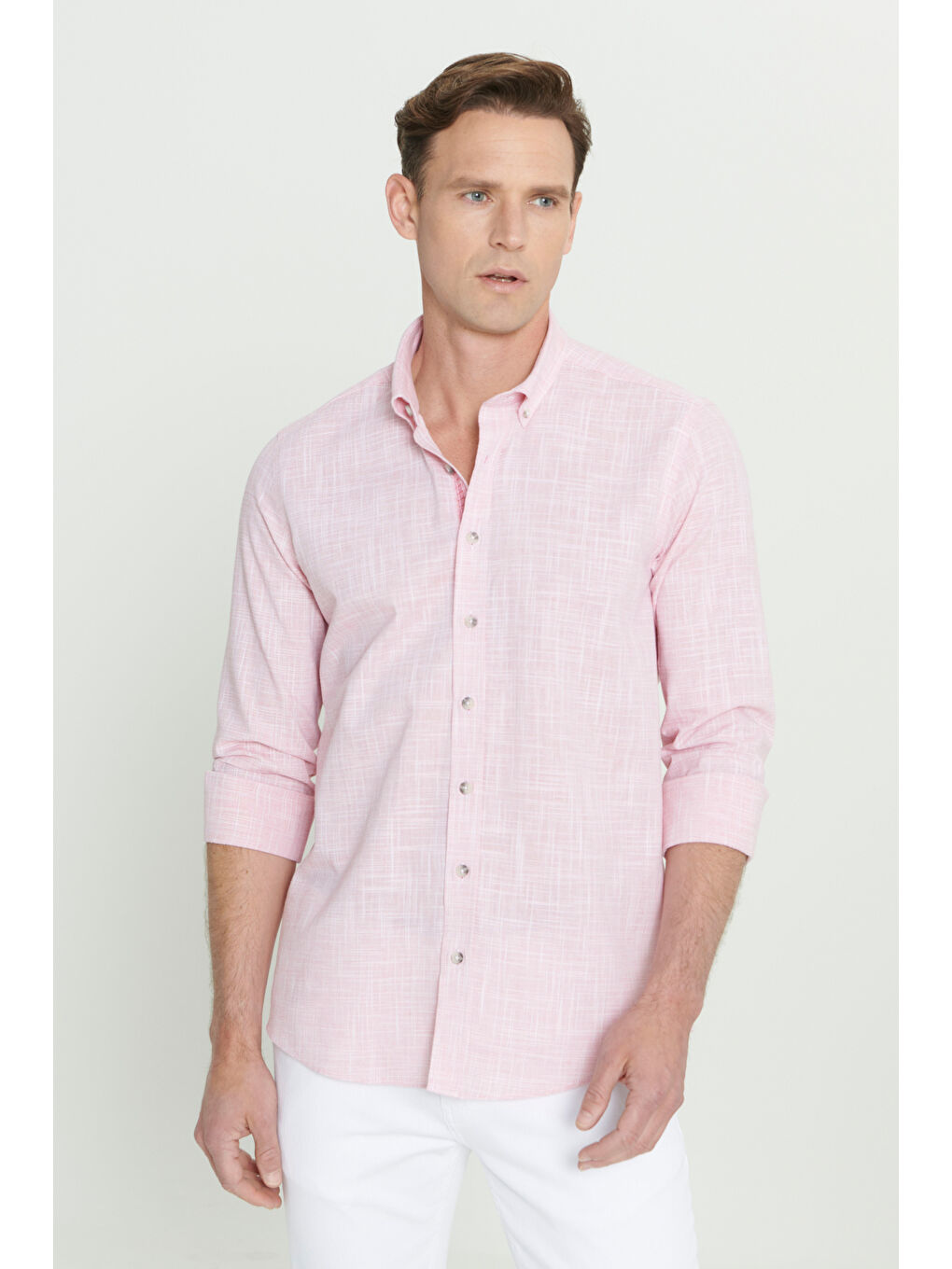 Erkek Bordo Slim Fit Dar Kesim Düğmeli Yaka Keten Görünümlü %100 Pamuk Flamlı Gömlek-1