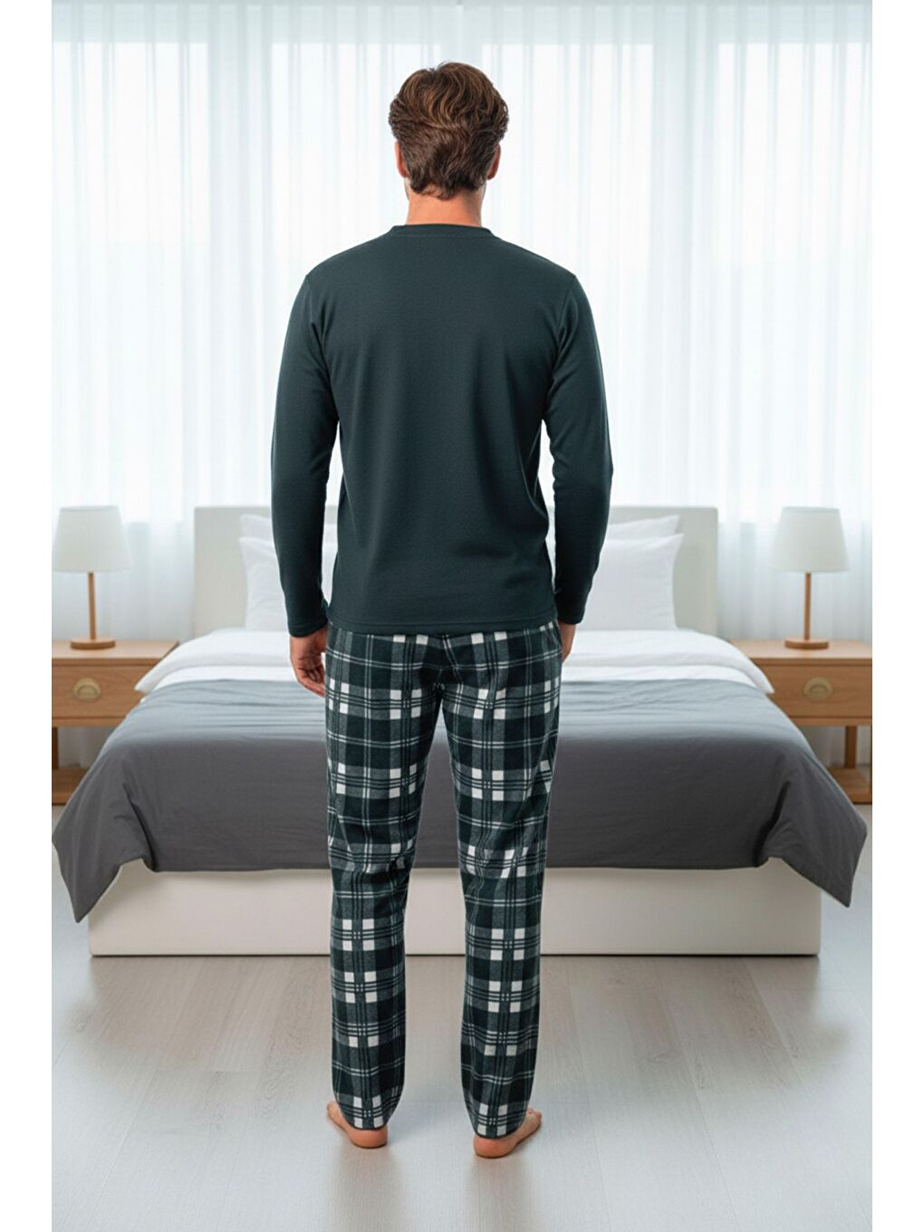 Yeşil Ekose Desenli Cepli Erkek Polar Pijama Takımı 660-2