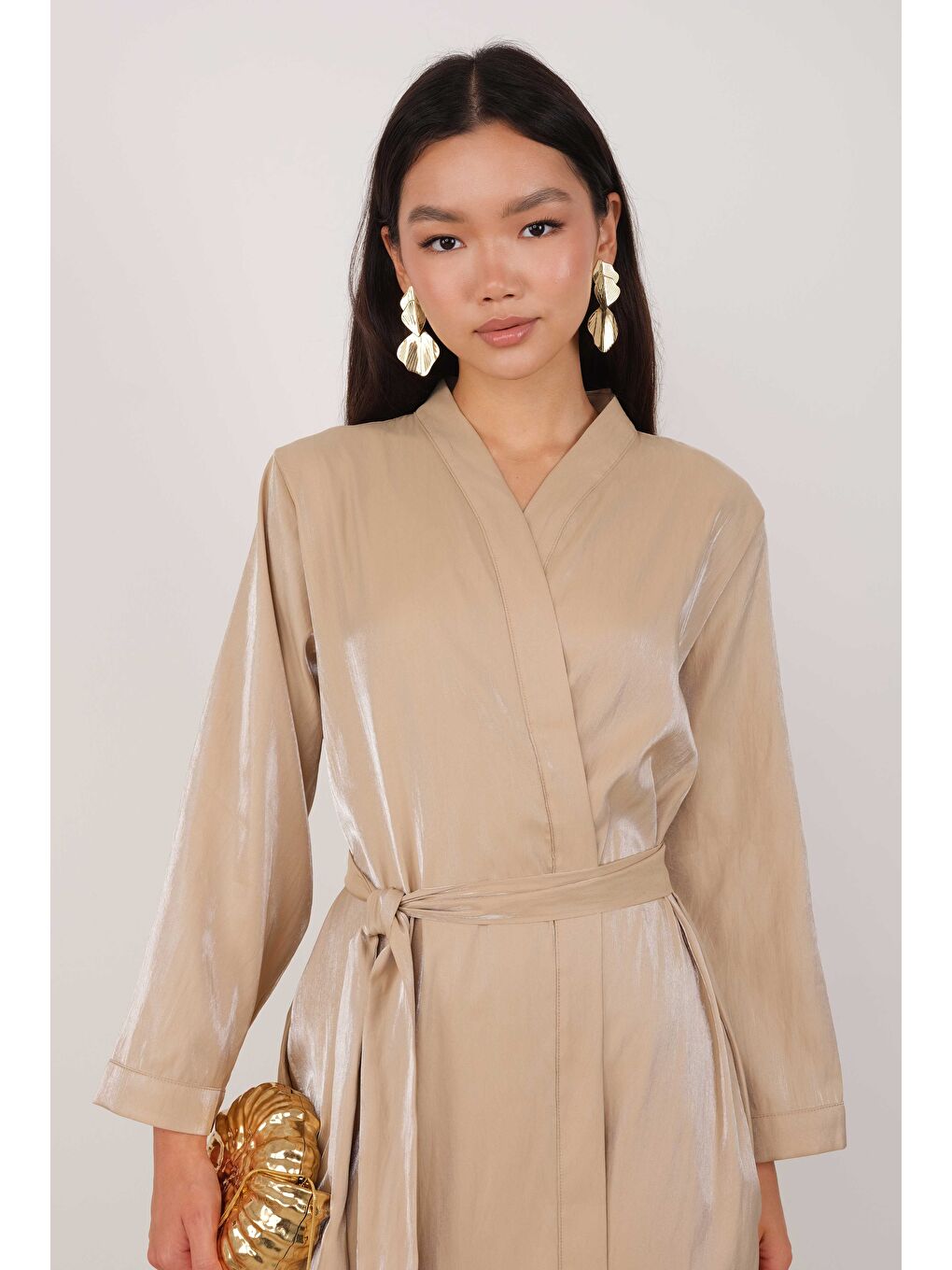 Sedefli Abaya Koyu Bej-1