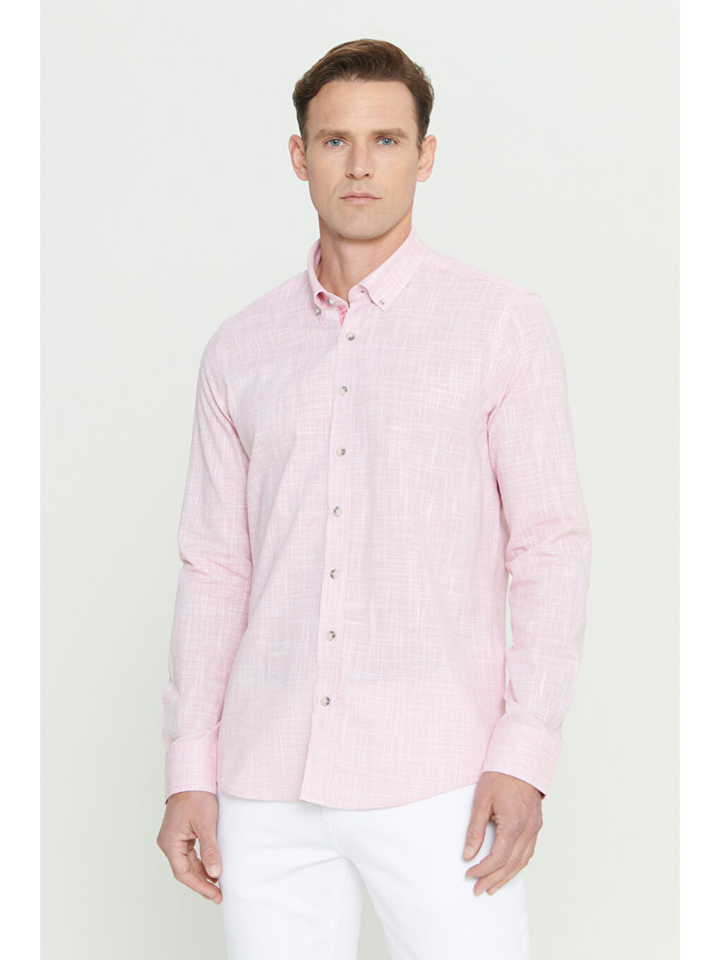 Erkek Bordo Slim Fit Dar Kesim Düğmeli Yaka Keten Görünümlü %100 Pamuk Flamlı Gömlek-3