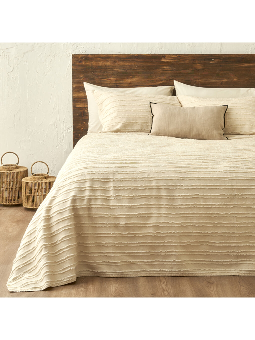 Ekru %100 Pamuk Bohemian Çift Kişilik Yatak Örtüsü Seti Krem (240x260 cm)