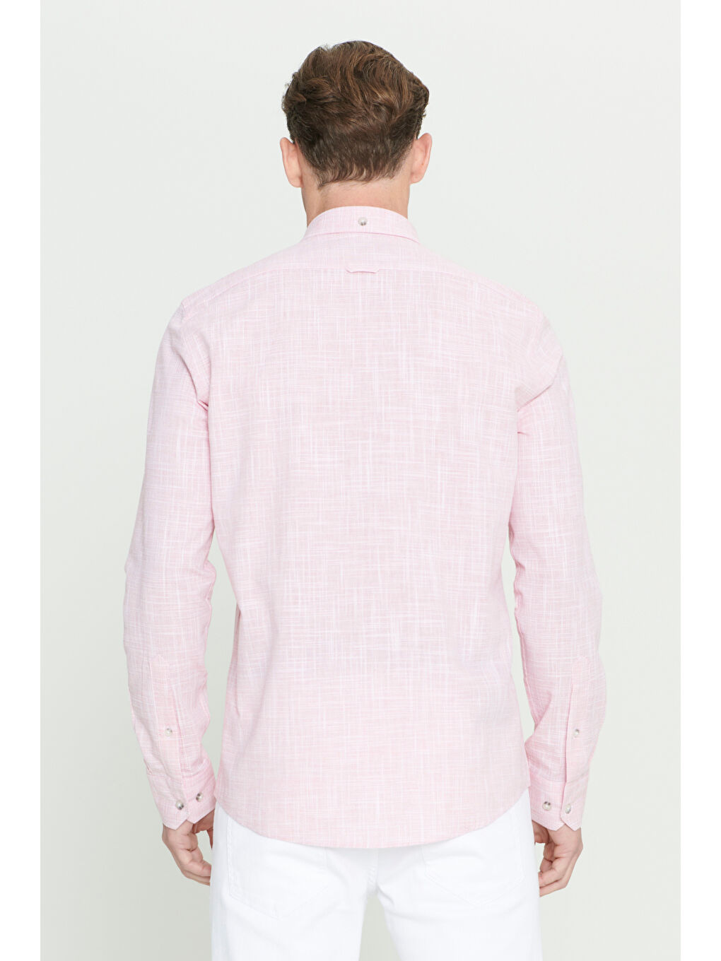 Erkek Bordo Slim Fit Dar Kesim Düğmeli Yaka Keten Görünümlü %100 Pamuk Flamlı Gömlek-6