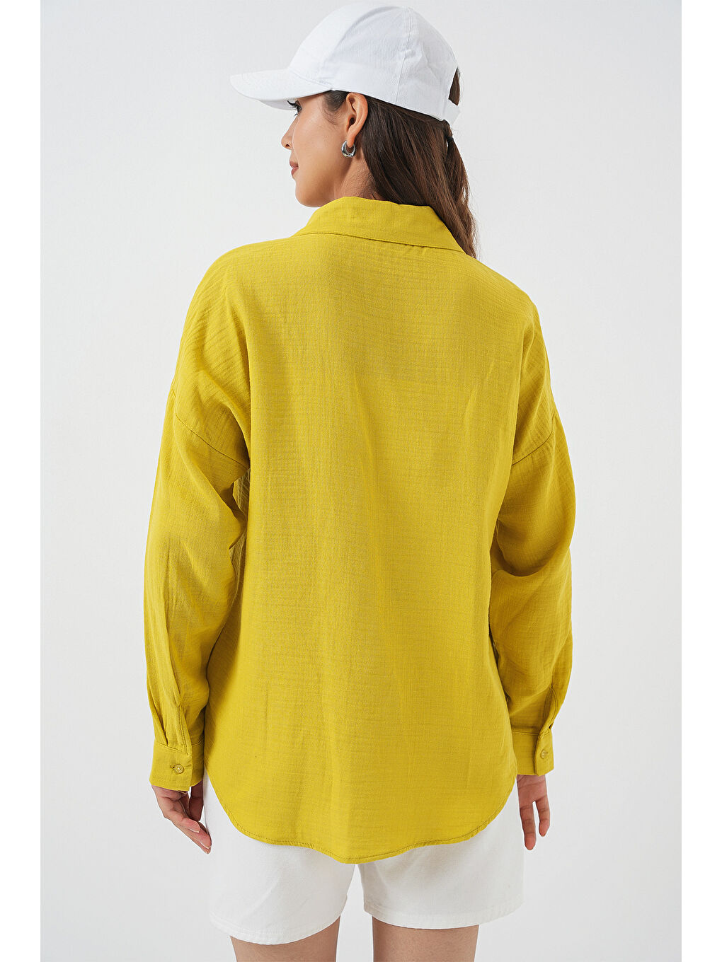 Sarı Kadın Tek Cepli Oversize Müslin Gömlek 20353 - Hardal-5