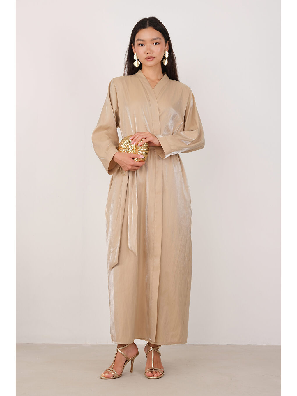 Sedefli Abaya Koyu Bej-2