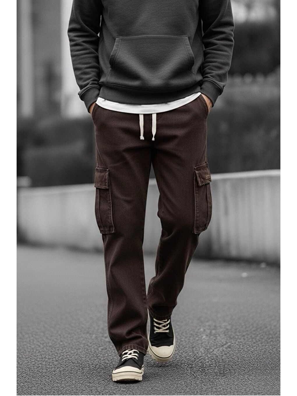 Kahverengi Reax Luiz Beli Lastikli ve İpli Komando Baggy Fit Jean Kargo Pantolon-1