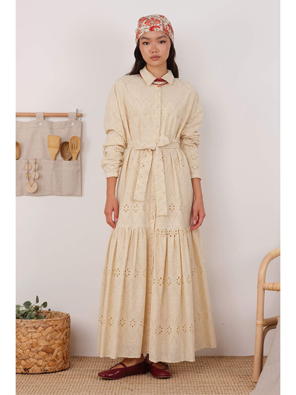 Ekru Brode Elbise Krem-1