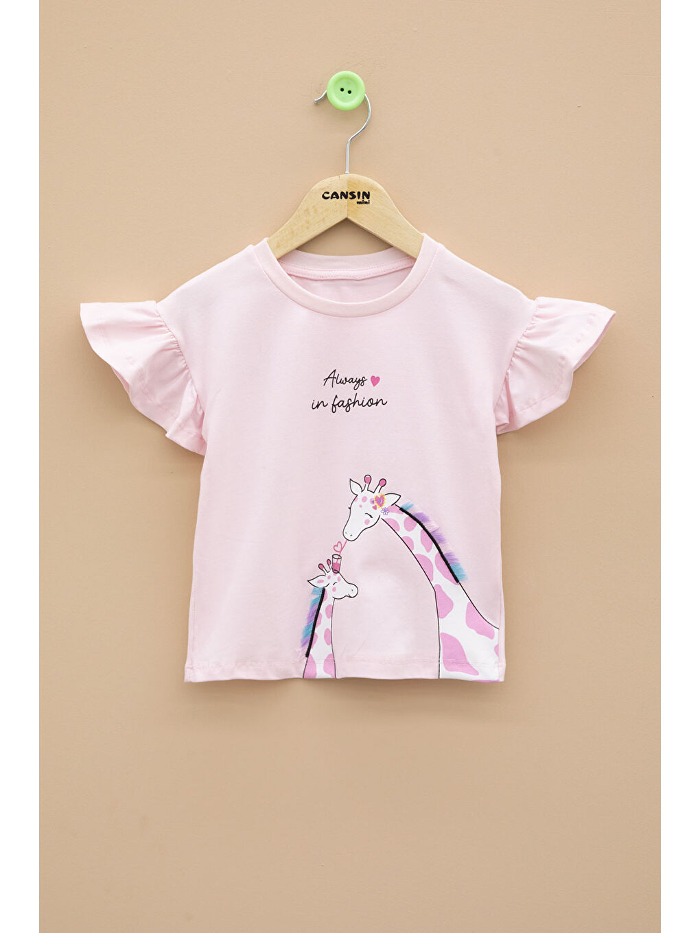 Pembe Zürafa Baskılı Fırfırlı Kız Bebek Kısa Kol Tişört 20991