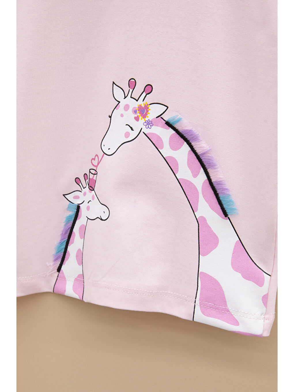 Pembe Zürafa Baskılı Fırfırlı Kız Bebek Kısa Kol Tişört 20991-1