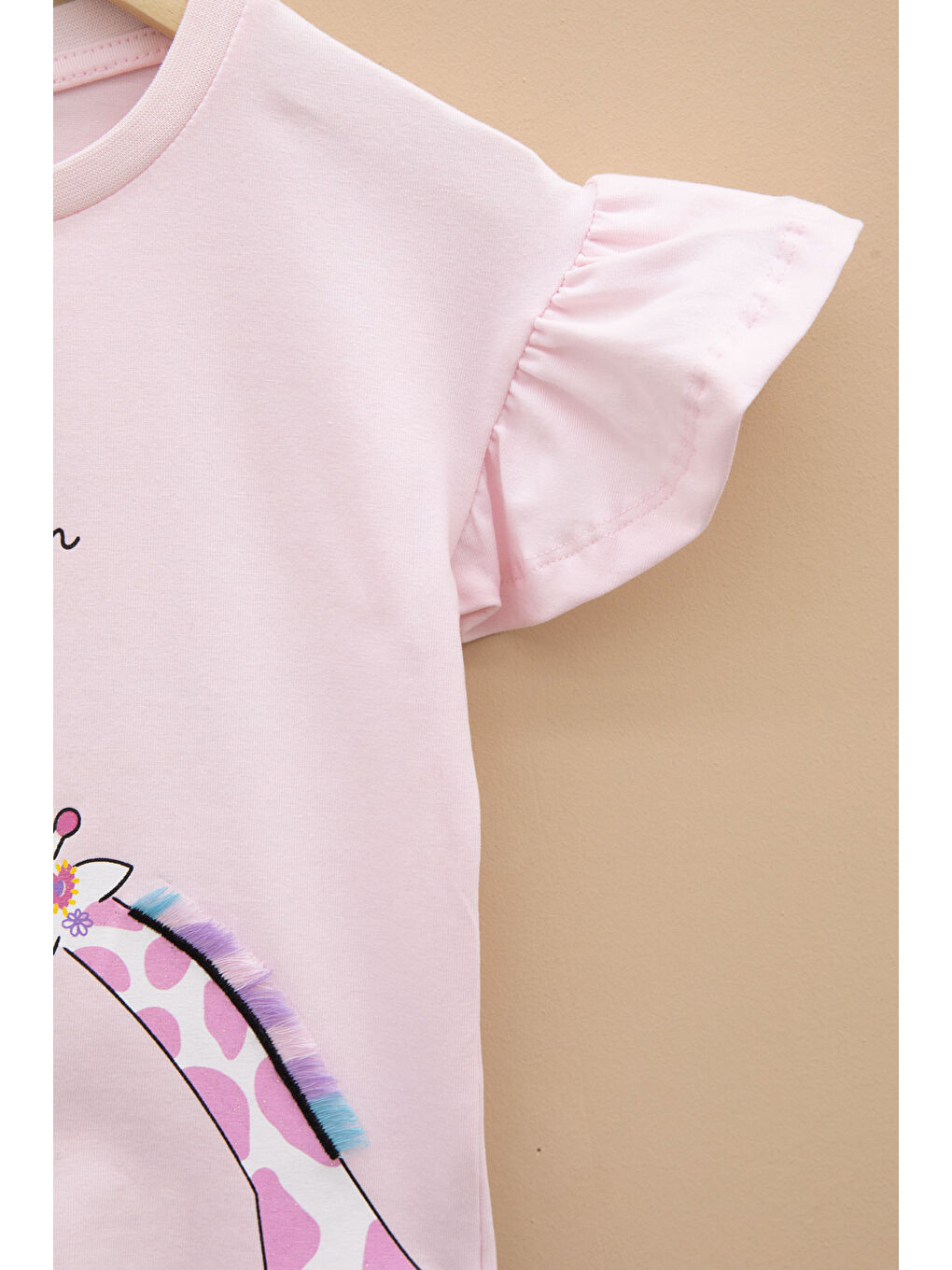 Pembe Zürafa Baskılı Fırfırlı Kız Bebek Kısa Kol Tişört 20991-2