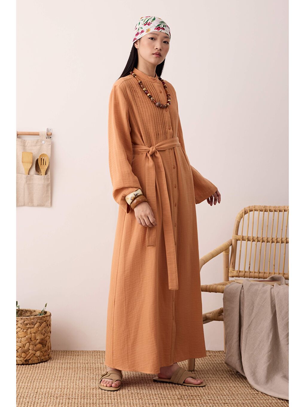 Pembe Müslin Nervürlü Elbise Somon