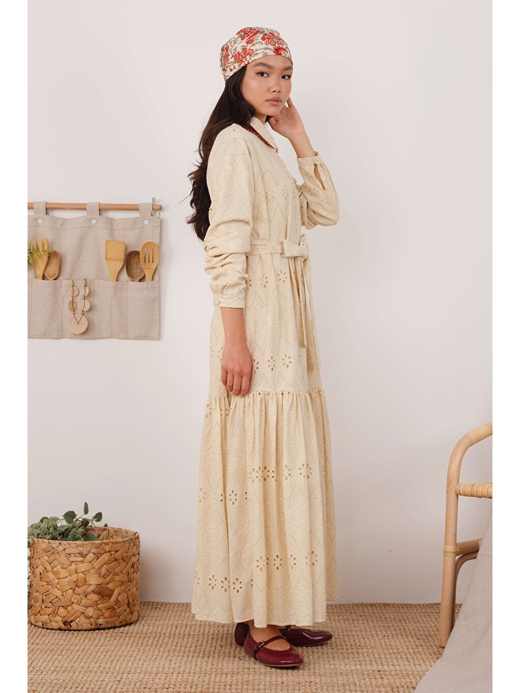 Ekru Brode Elbise Krem-2