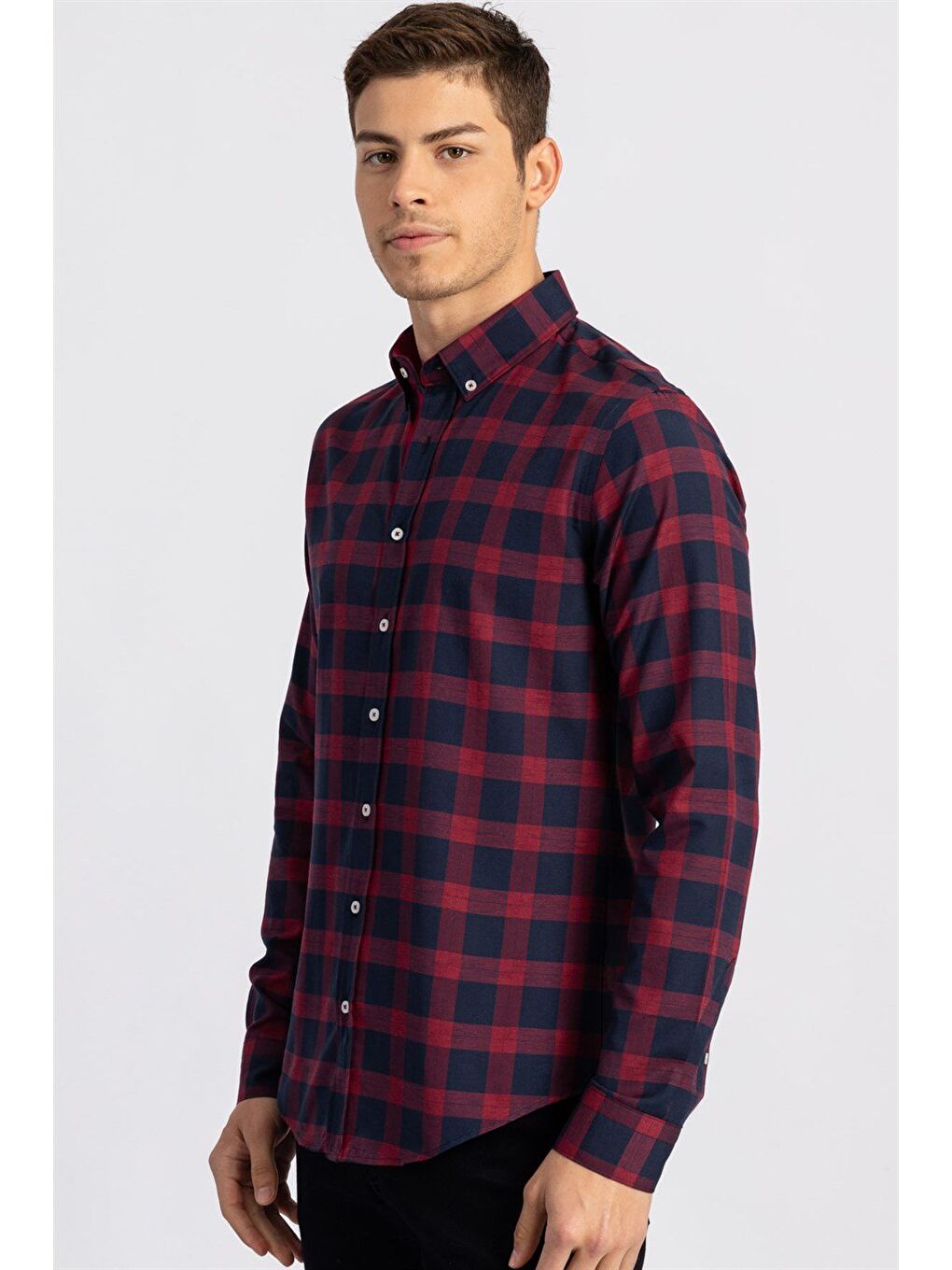 Bordo Slim Fit Uzun Kollu Düğmeli Yaka Kareli Pamuklu Kolay Ütü Erkek Gömlek-1