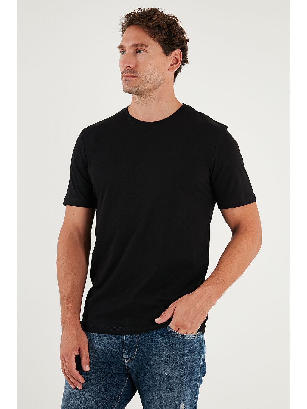 Siyah Pamuklu Regular Fit Bisiklet Yaka %100 Pamuk Tişört 59020204-4