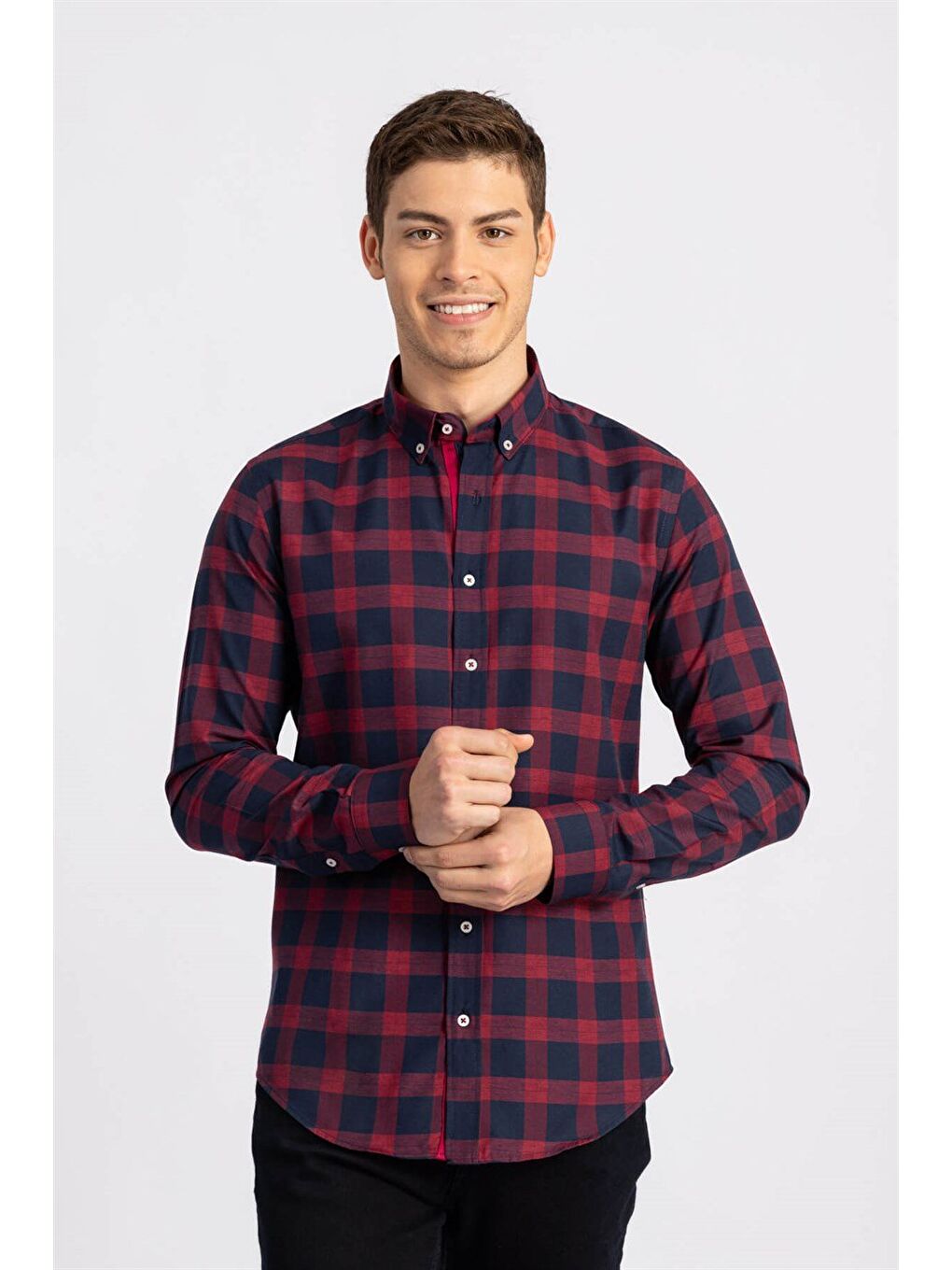 Bordo Slim Fit Uzun Kollu Düğmeli Yaka Kareli Pamuklu Kolay Ütü Erkek Gömlek-2