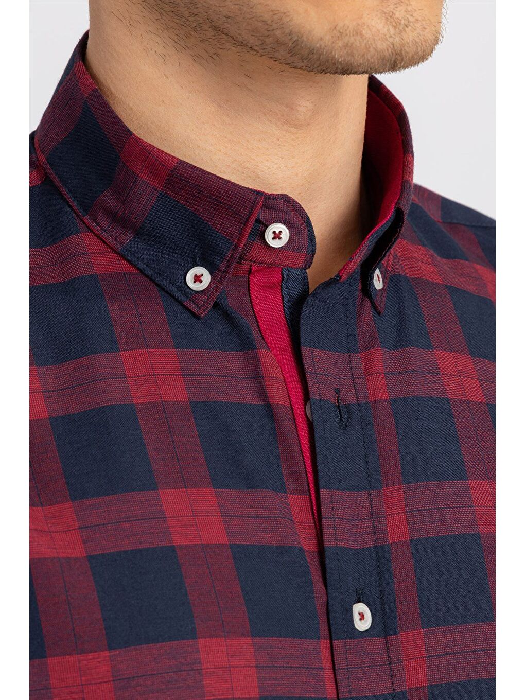 Bordo Slim Fit Uzun Kollu Düğmeli Yaka Kareli Pamuklu Kolay Ütü Erkek Gömlek-3