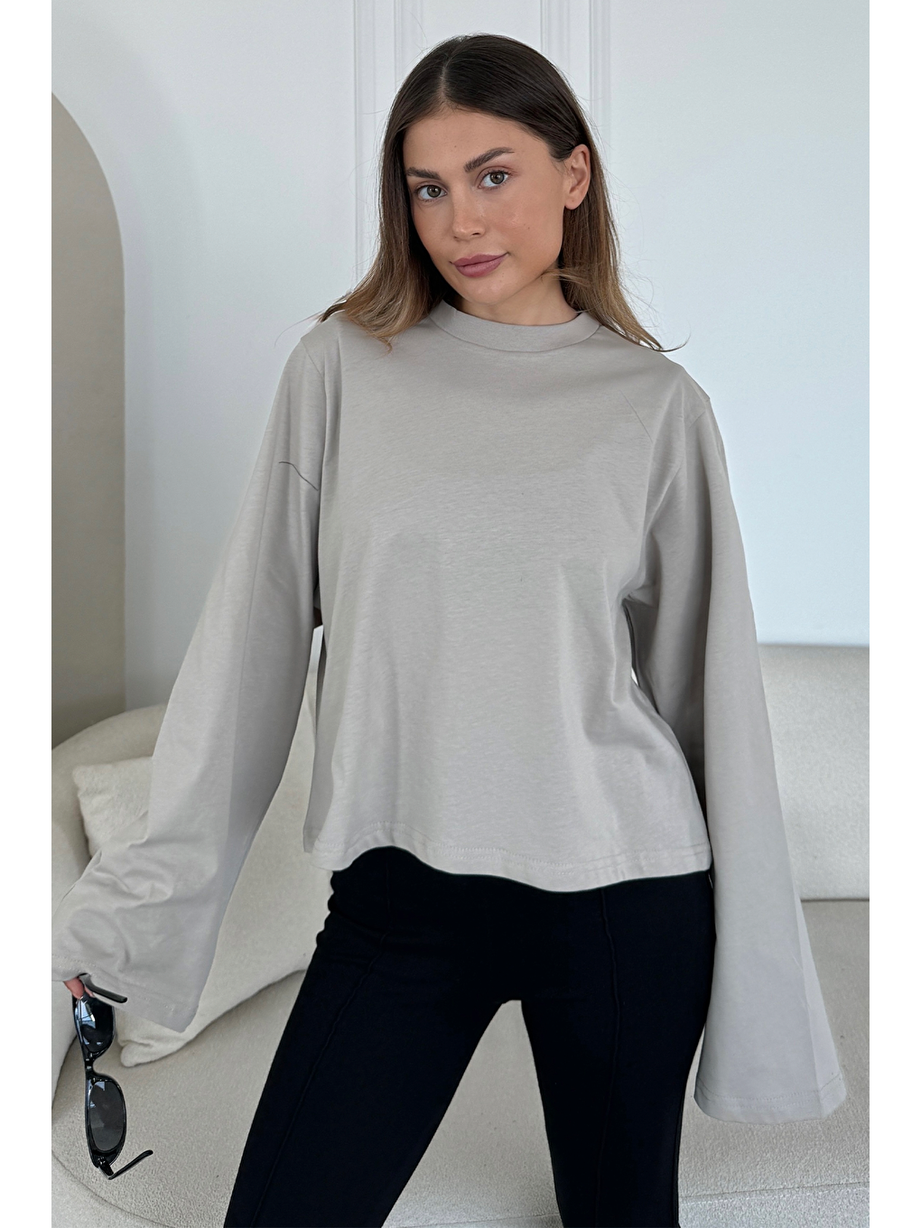 Geniş Kol Oversize 2'Li Paket T-Shirt 965 Gri/Bej-3