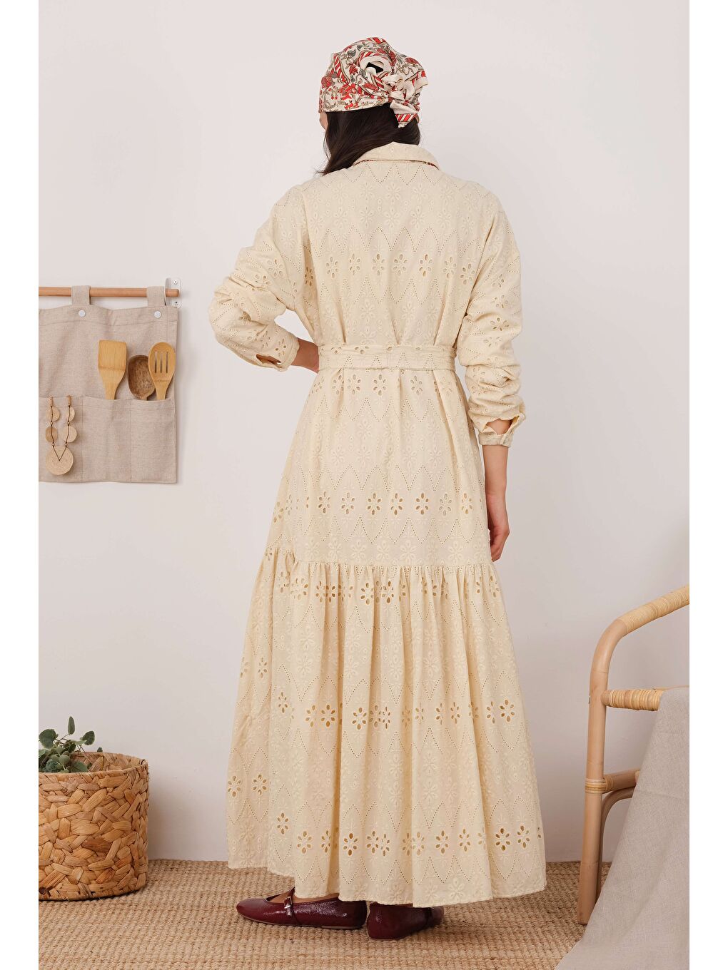 Ekru Brode Elbise Krem-3