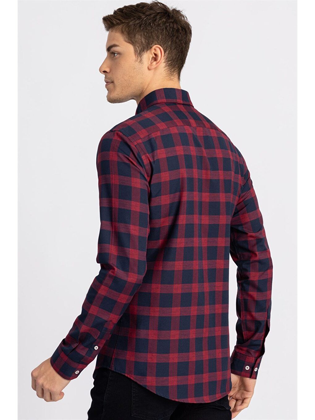 Bordo Slim Fit Uzun Kollu Düğmeli Yaka Kareli Pamuklu Kolay Ütü Erkek Gömlek-4