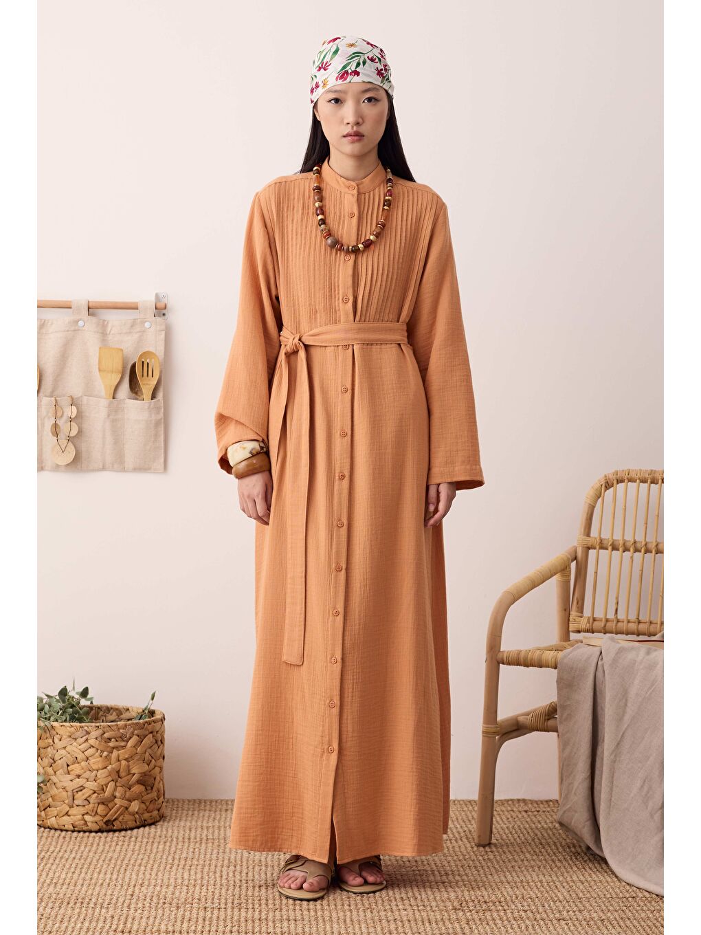 Pembe Müslin Nervürlü Elbise Somon-2