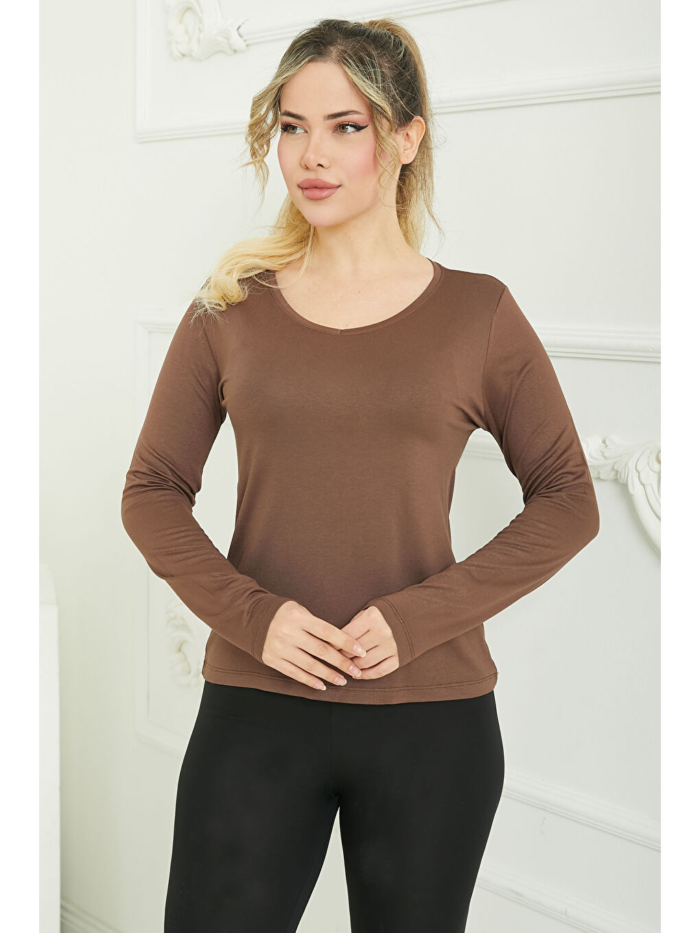 Kahverengi V Yaka Viskon Badi Kahve - 26826-1