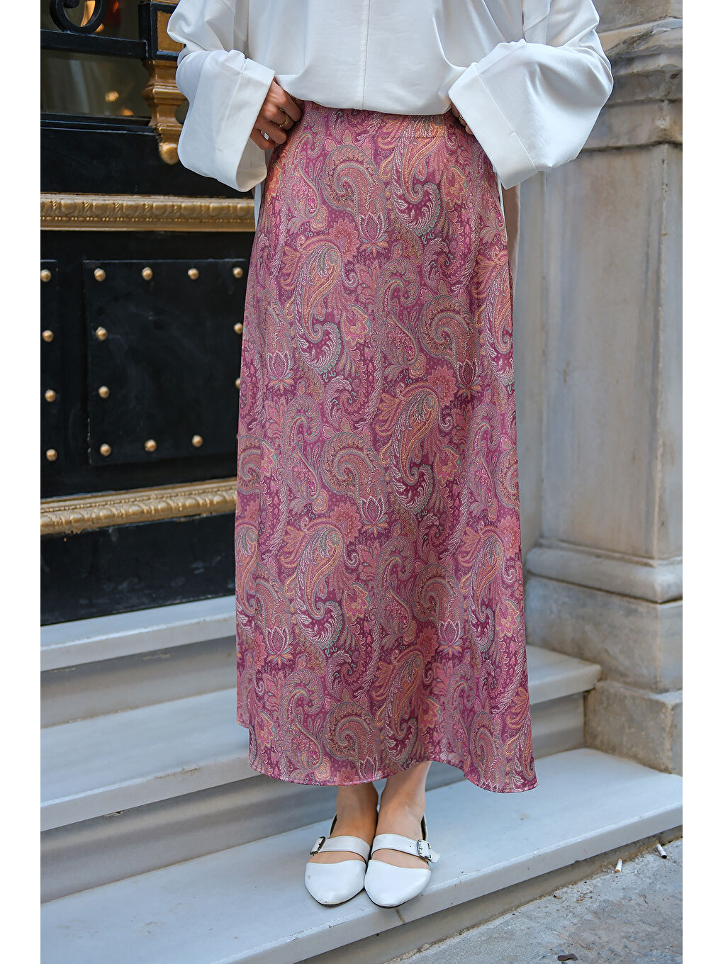 Kadın Desenli Saten Etek Mor-2