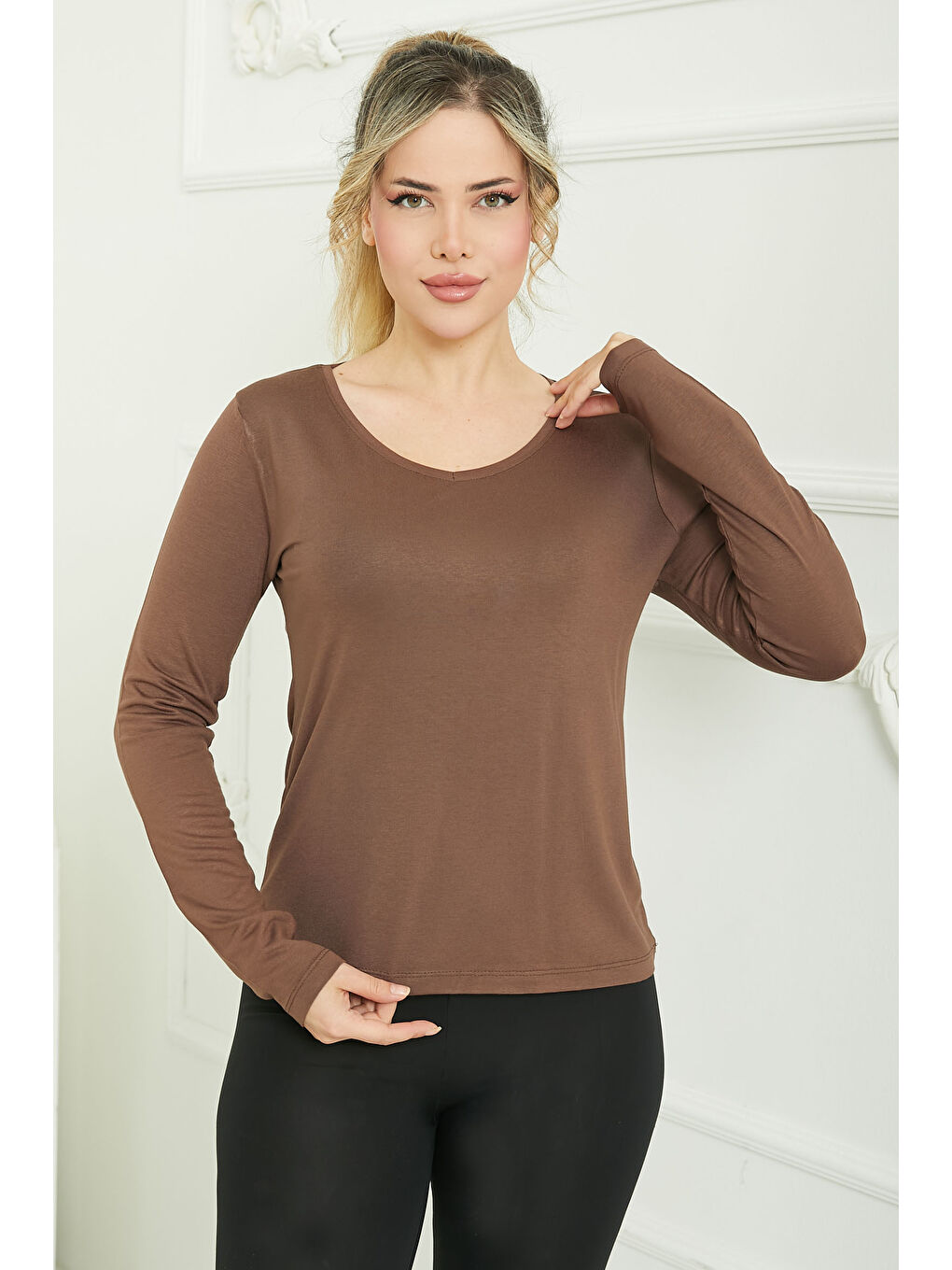 Kahverengi V Yaka Viskon Badi Kahve - 26826-2