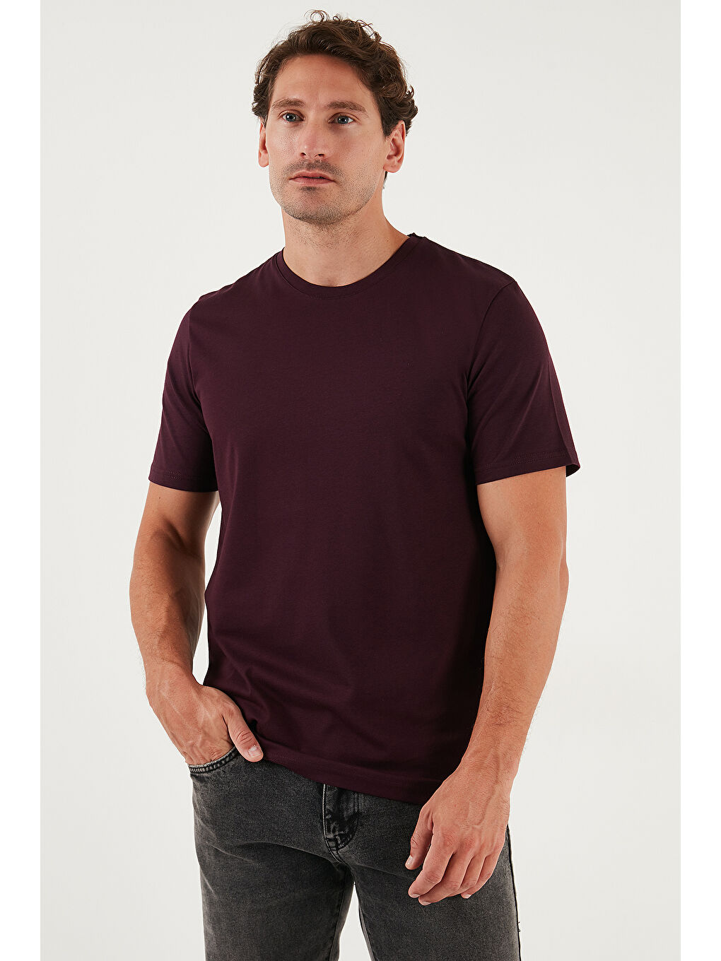 Bordo Pamuklu Regular Fit Bisiklet Yaka %100 Pamuk Tişört 59020204-2