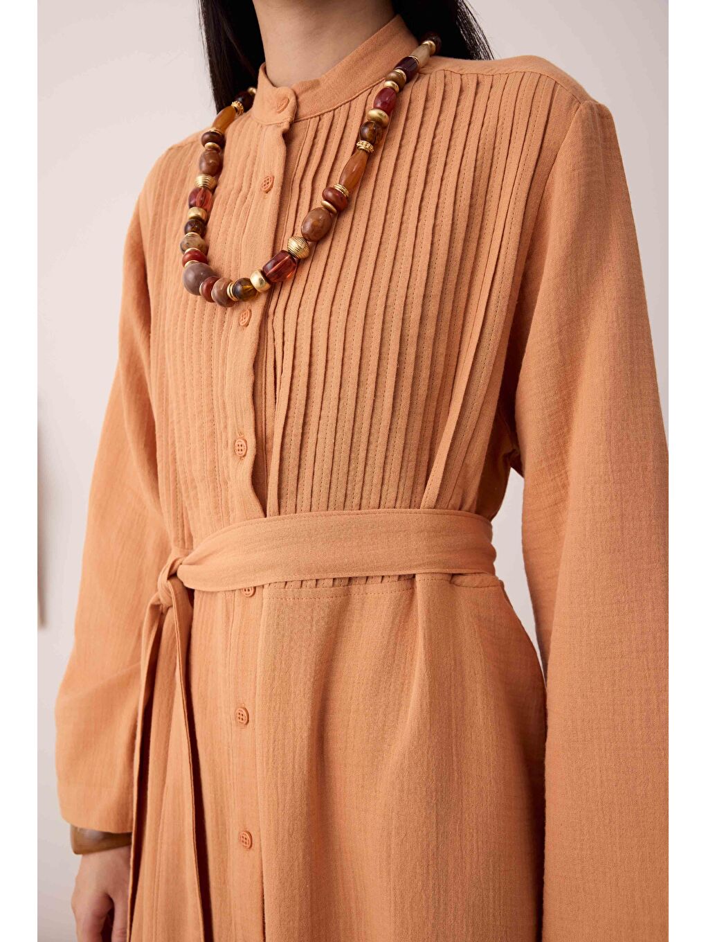 Pembe Müslin Nervürlü Elbise Somon-3