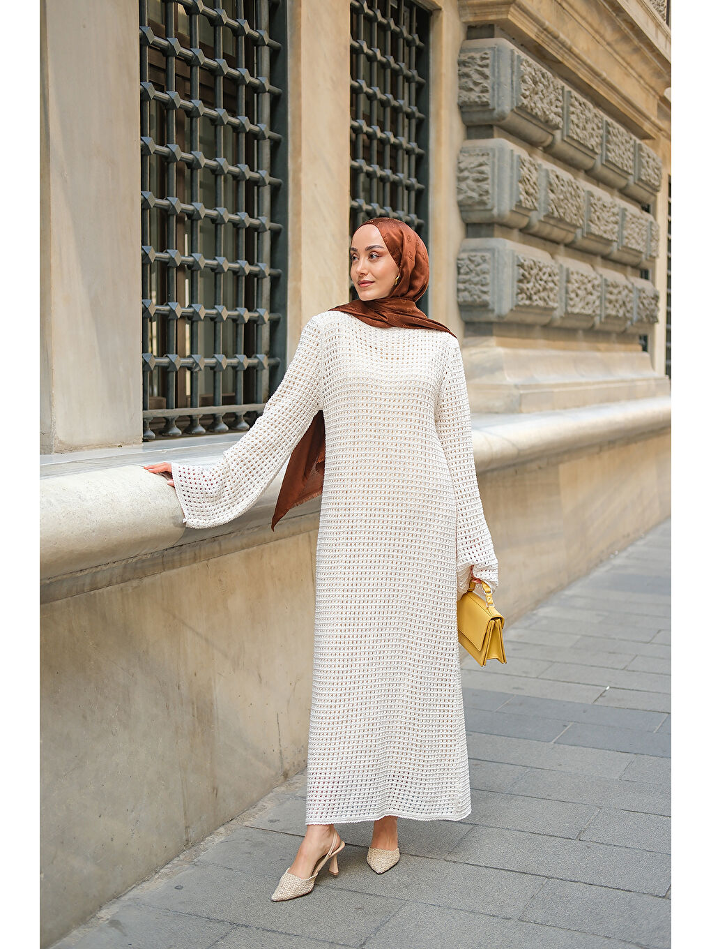 Ekru Kadın Ajur Desenli Elbise Krem-1