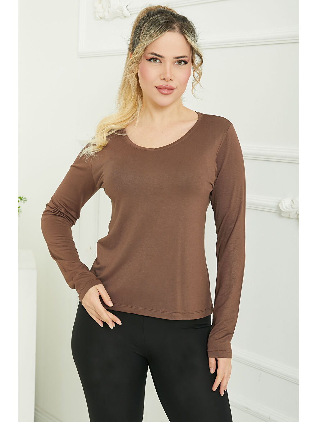 Kahverengi V Yaka Viskon Badi Kahve - 26826-3