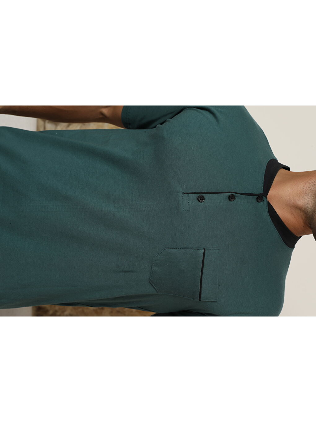 Erkek Haki %100 Organik Doğal Pamuk Yüksek Kalite Düğmeli Kısa Kollu Pijama Takımı-1