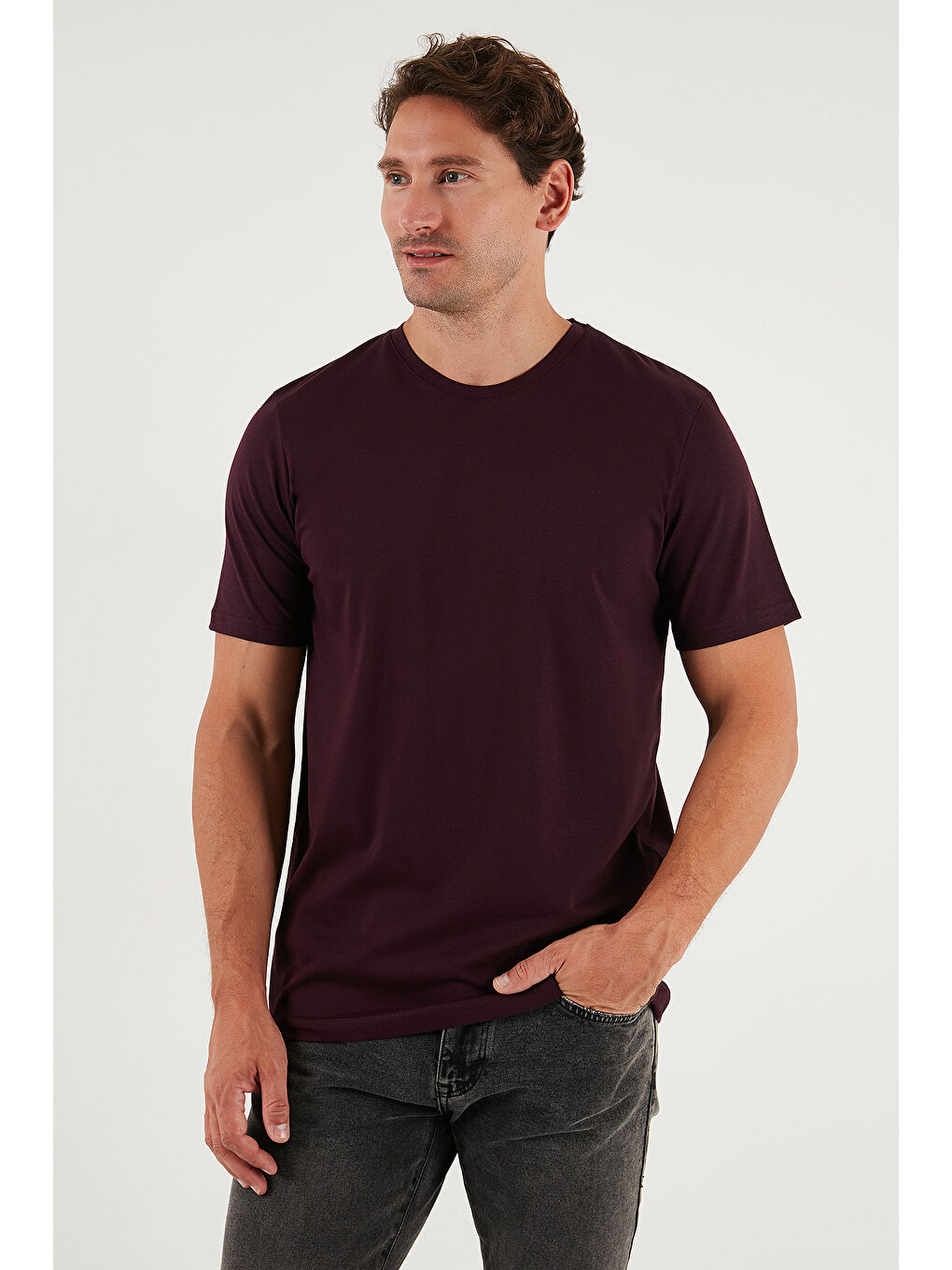 Bordo Pamuklu Regular Fit Bisiklet Yaka %100 Pamuk Tişört 59020204-3