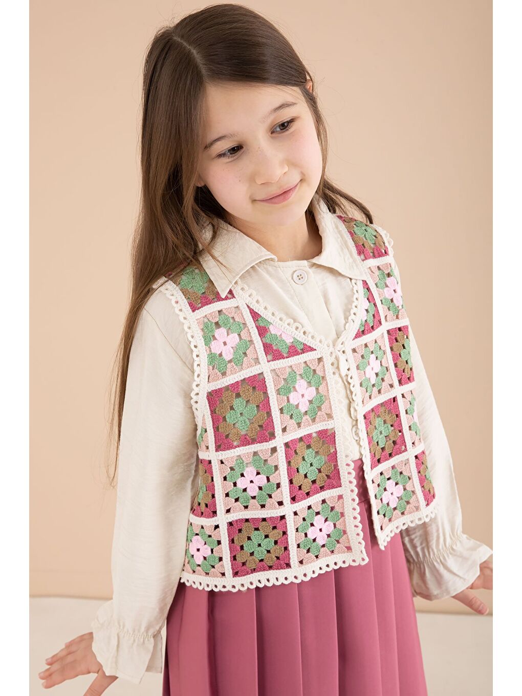 Koyu Pembe Çiçek Desen Örgü Süveterli Gömlekli Kız Çocuk Etekli 3lü Takım 23584-1