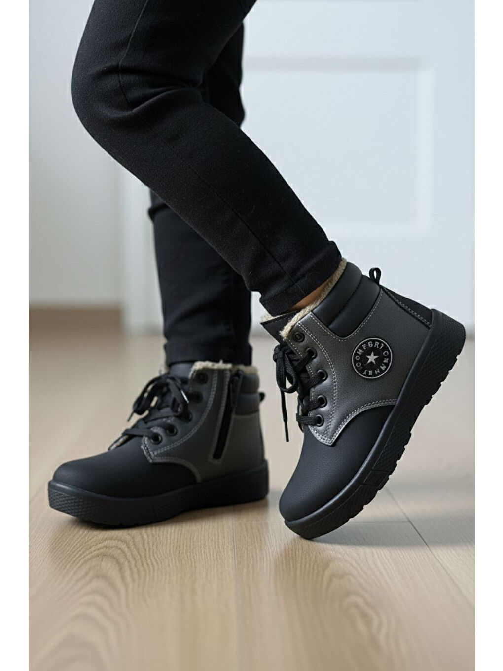 Kız Çocuk Gri İçi Pelüş Suni Deri Bot - 28079-GRI-1