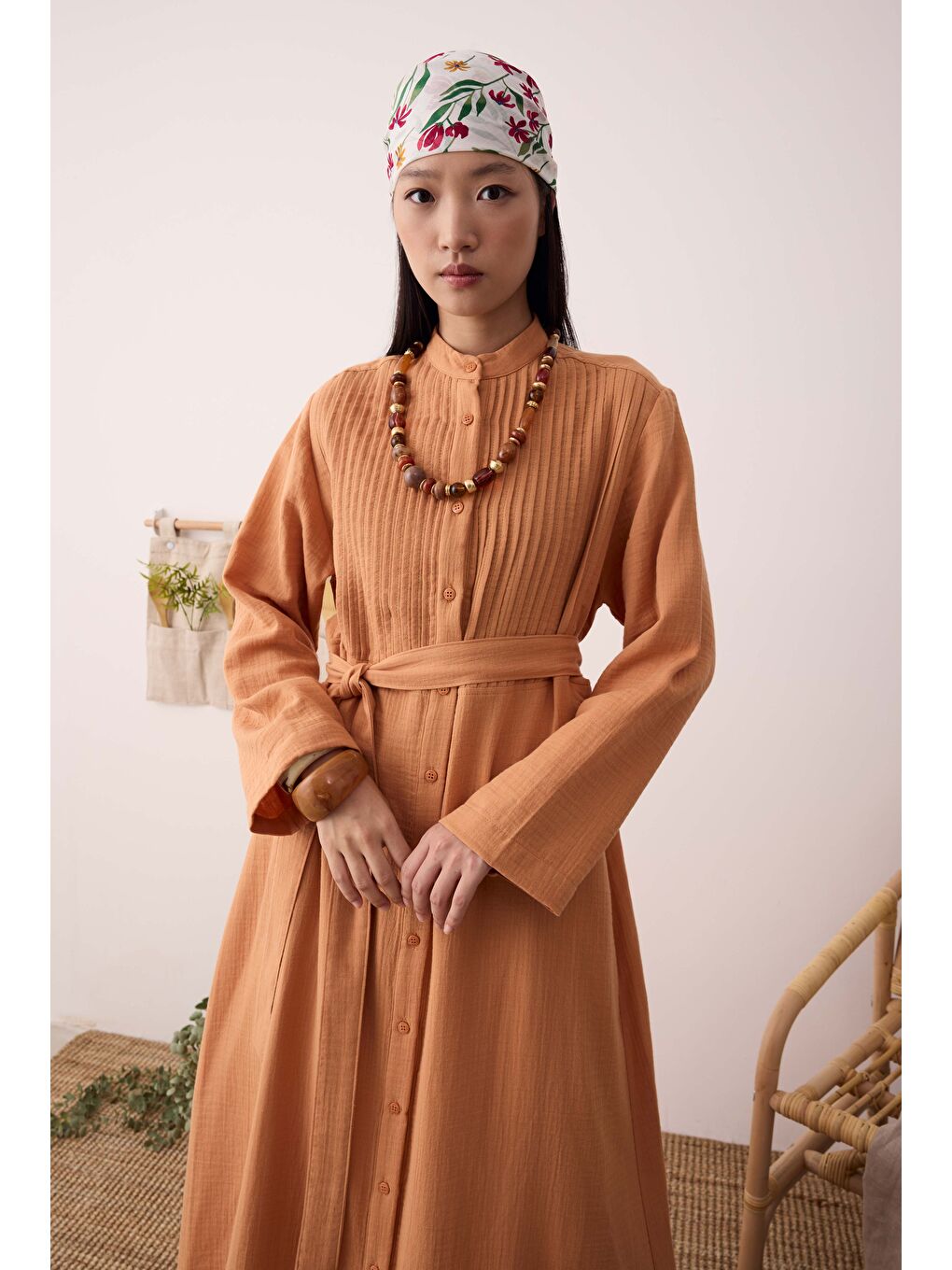 Pembe Müslin Nervürlü Elbise Somon-4